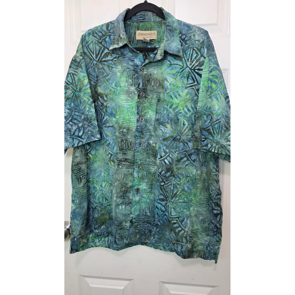 Johari West Batik Shirt Mens XL Green Blue Cotton Short Sleeve Button Down Aloha